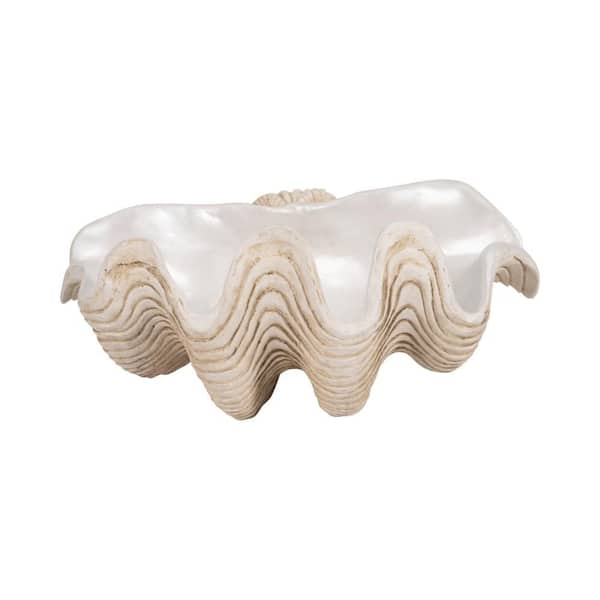 Ivory 16 in. x 11 in. Resin Coastal Pearlized Clam Shell Decorative Bowl