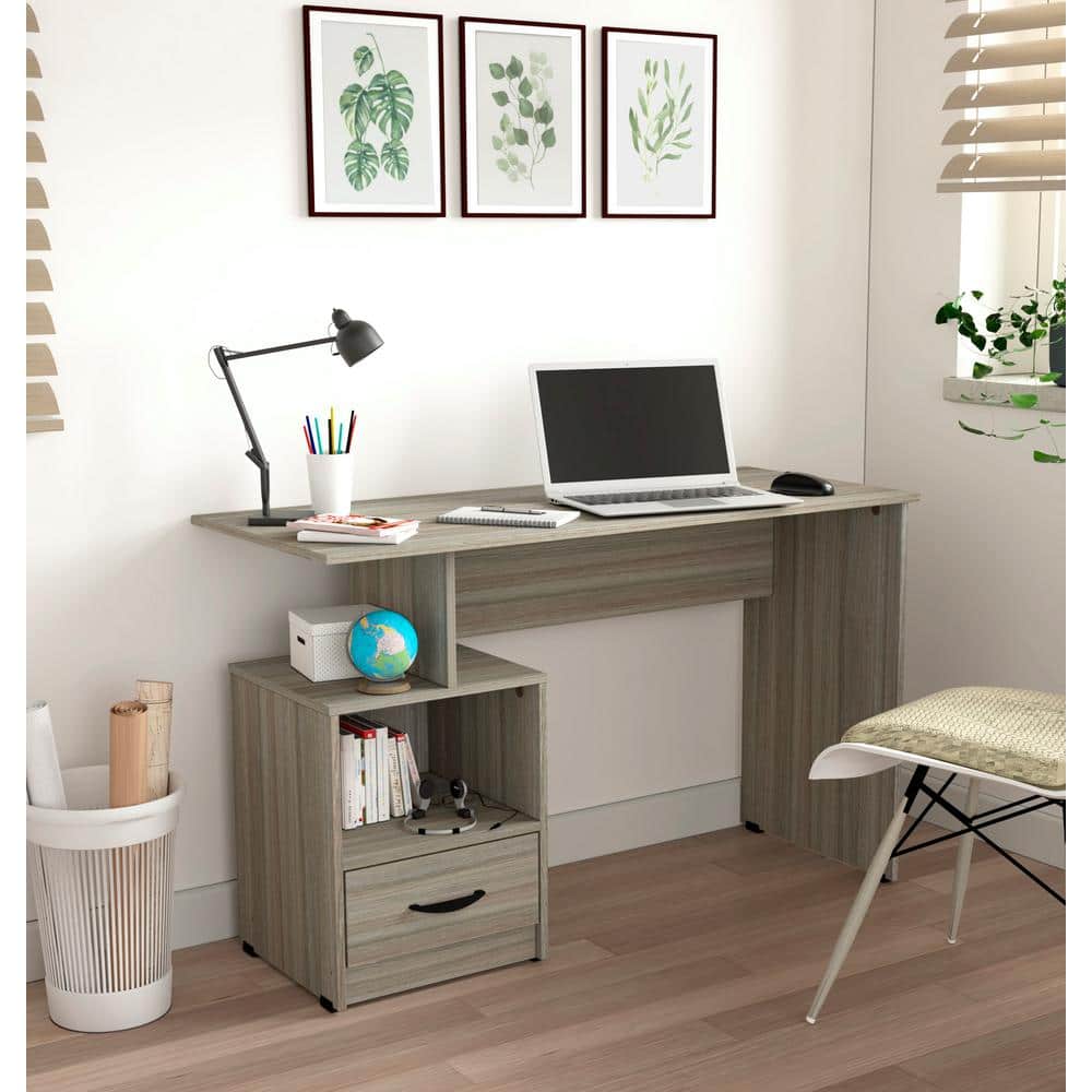 Modern Smoke Oak Writing Desk with Drawer and Open Storage, 47.2 in