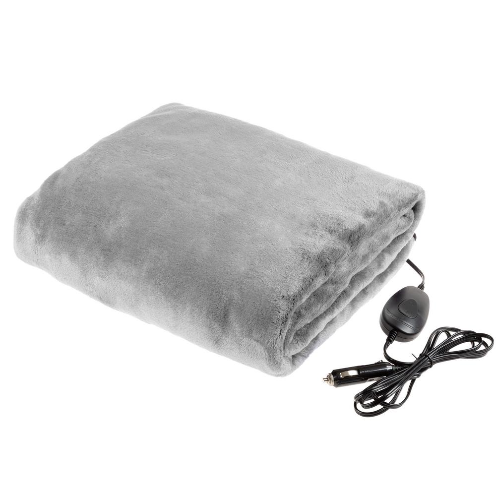 Gray Polyester 12 Volt Electric Heated Car Blanket Travel Throw Fleece
