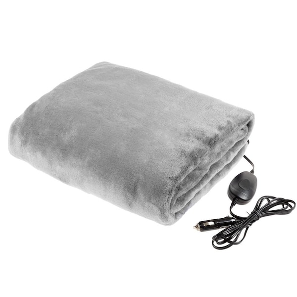 Stalwart Gray Polyester 12 Volt Electric Heated Car Blanket Travel Throw Fleece