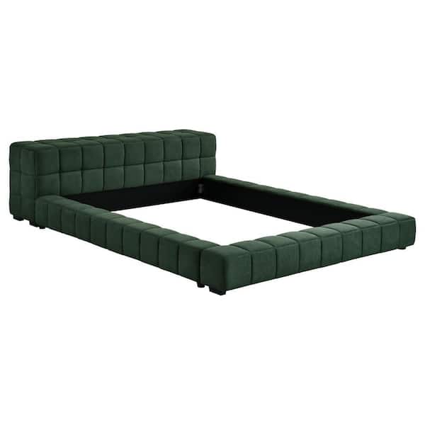 Jimo Green Wood Frame King Platform Bed with Tufted Upholstered Headboard