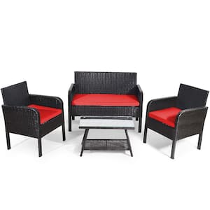 Mix Brown 4-Piece Wicker Patio Conversation Set with CushionGuard Red Cushions