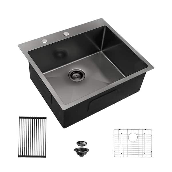 Heemli Gunmetal Black 16-Gauge Stainless Steel 28 in. Single Bowl Drop-In Kitchen Sink with Accessories