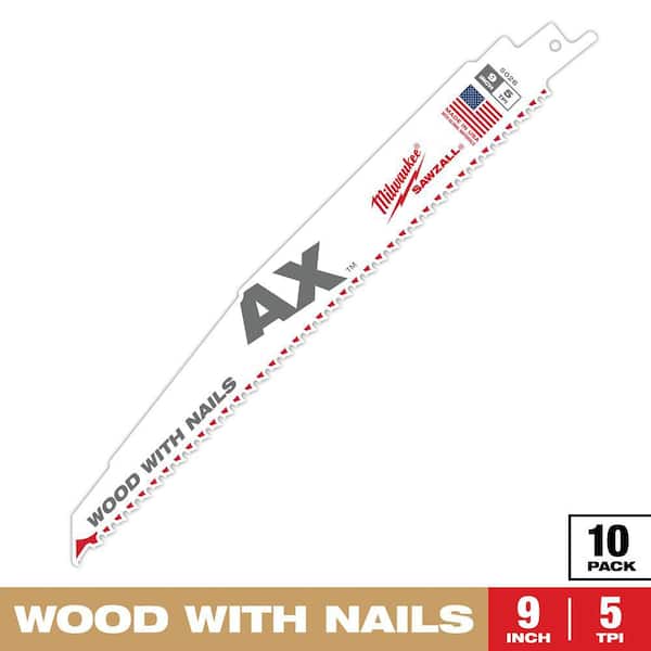 Milwaukee 9 in. 5 TPI AX Nail-Embedded Wood Cutting SAWZALL Reciprocating Saw Blades (10-Pack)