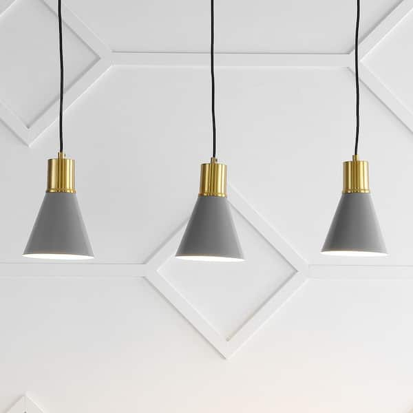 JONATHAN Y Apollo 33.5 in. 3-Light Gray/Brass Gold Mid-Century Modern Iron Adjustable Linear LED Cluster Pendant Light