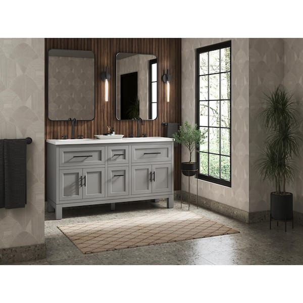 KOHLER Quo 61in. Double Sink Freestanding Mohair Grey Bath Vanity with White Quartz Top Assembled