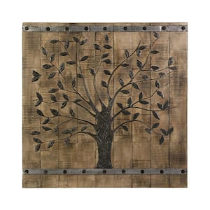 Brown and Black Square Mango Wood Tree of Life Wall Art Panel
