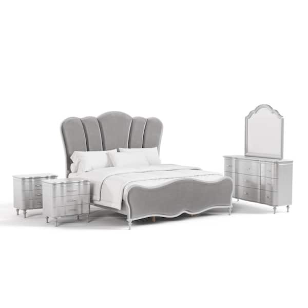 Seabliss 5-Piece Glam Silver Wood Queen Platform Bedroom Set with 2-Nightstands and Dresser/Mirror