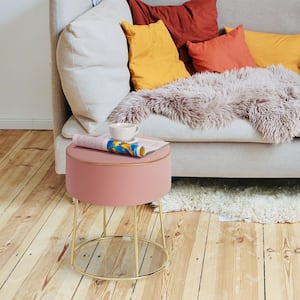 Pink Velvet Round Footrest Ottoman with Metal Base and Non-Slip Foot Pads