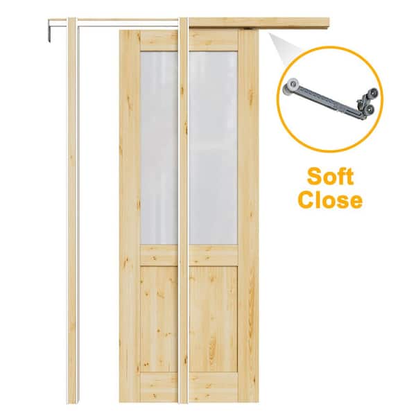 28 in. x 80 in. 1/2-Lite Frosted Glass Unfinished Solid Core Pine Wood Pocket Sliding Door with Hardware and Soft Close