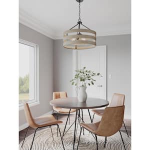 Gulliver Collection 21-1/2 in. 4-Light Graphite Farmhouse Drum Pendant with Weathered Gray Wood Accents