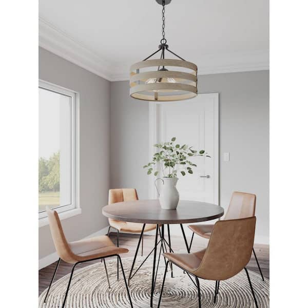 Gulliver Collection 21-1/2 in. 4-Light Black Coastal Drum Pendant Light with Weathered Gray Wood Accents for kitchens