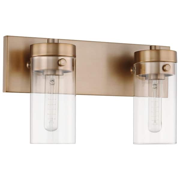 SATCO Intersection 15 in. 2-Light Burnished Brass Vanity Light with Clear Glass Shade