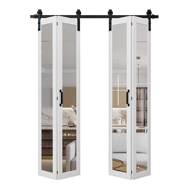 72 in. x 84 in. 1-Lite Mirrored Glass Solid Core White Finished Composite Bi-fold Door with Bi-Fold Barn Door Hardware
