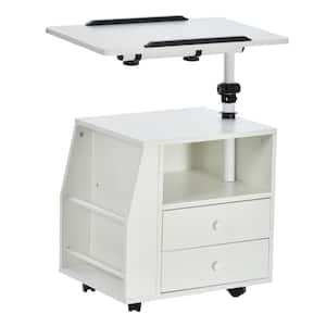 23.5 in. White Rectangular Wooden End Table with Adjustable Height and Storage Drawers
