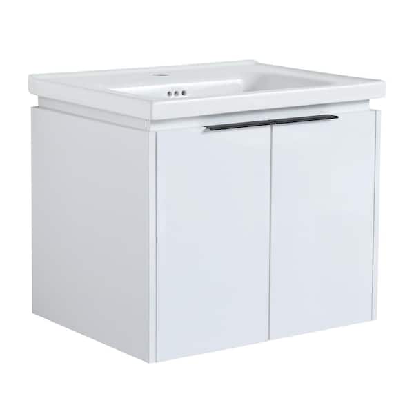 FAMYYT 24 in. W x 18.5 in. D x 20.7 in. H Single Sink Floating Bath Vanity in White with White Ceramic Top