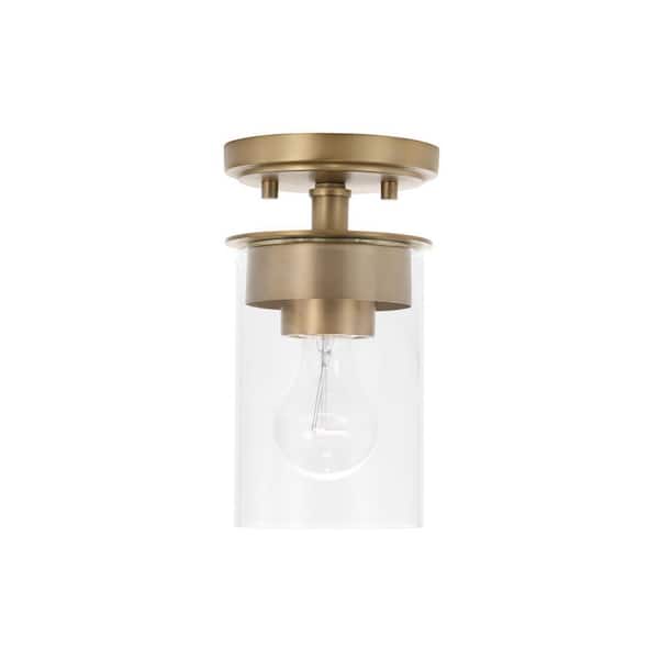 HOMEPLACE LIGHTING Mason 5 in. W x 8 in. H 1-Light Mini Semi-Flush or Pendant in Aged Brass with Clear Glass