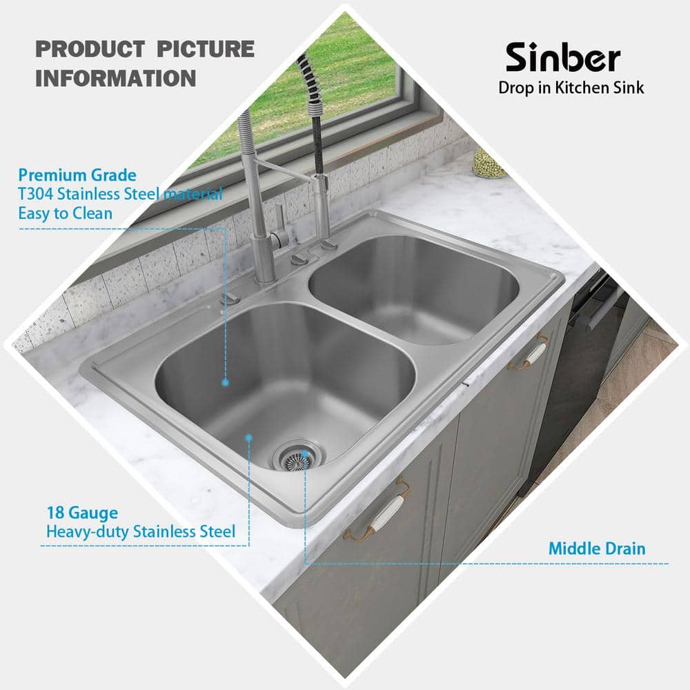 Sinber 33" Stainless Steel Double Bowl Drop-In Kitchen Sink