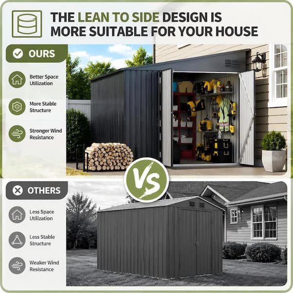 AECOJOY 8 ft. W x 10 ft. D Lean to Metal Garden Shed Outdoor