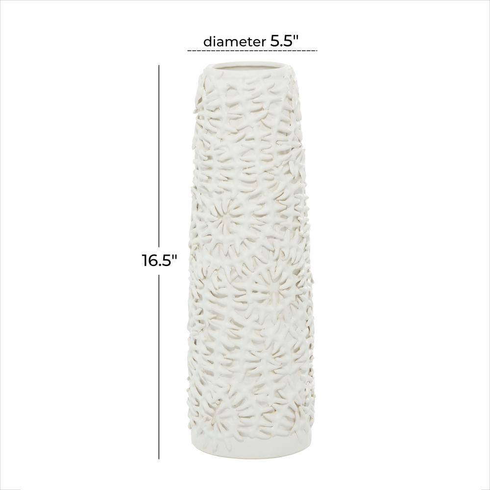 Contemporary Matte White Ceramic Cylinder Vase with Pine Leaf Pattern