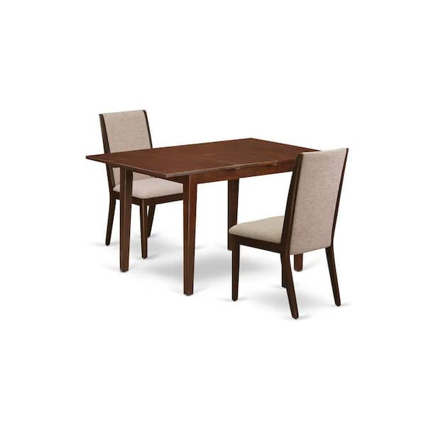 East West Furniture 3-Piece Mahogany Finish Rectangular Solid Wood Top With Butterfly Leaf Dining Table Set