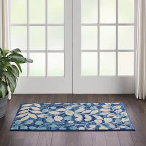 Tranquil Navy Blue doormat 2 ft. x 4 ft. Floral Modern Kitchen Area Rug