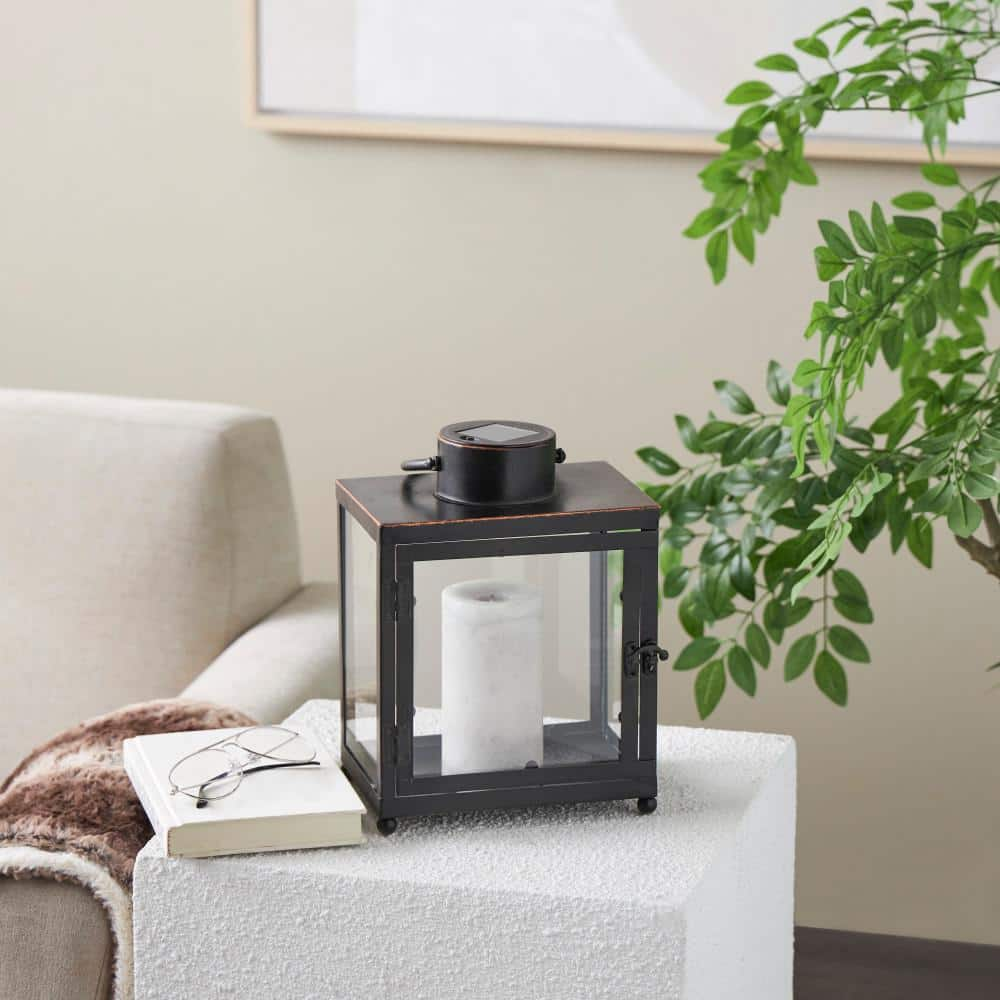 Litton Lane Black Metal Modern Candle Lantern with Gold Accents