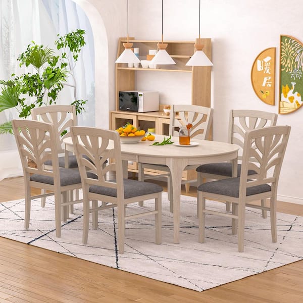VECELO Farmhouse Oval Dining Table Set with Upholstered Chairs-7