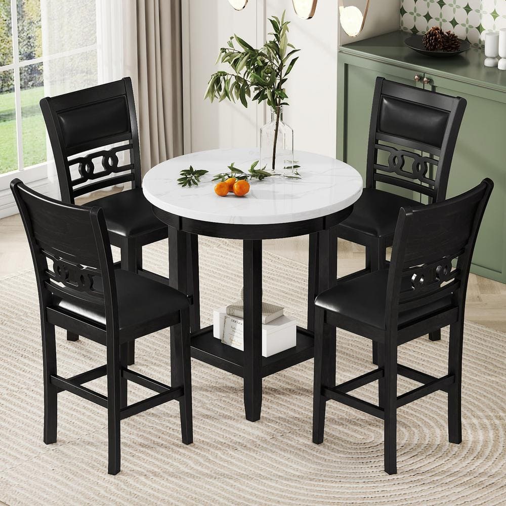 5-Piece Round Dark Espresso and White Faux Marble Top Counter Height Dining Table Set Seats 4 with 4 PU Chairs -  Harper & Bright Designs, GCCPXQS00137