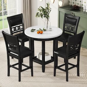 5-Piece Round Dark Espresso and White Faux Marble Top Counter Height Dining Table Set Seats 4 with 4 PU Chairs