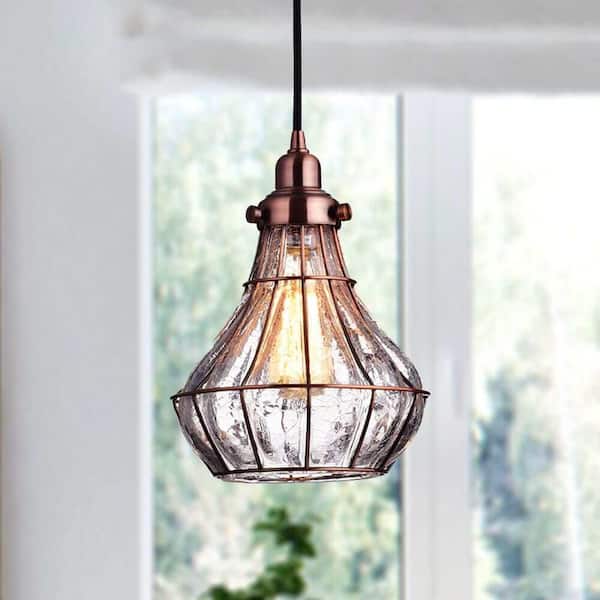 CLAXY 60 Watt 1 Light Red Finished Shaded Pendant Light with Clear glass Glass Shade and No Bulbs Included