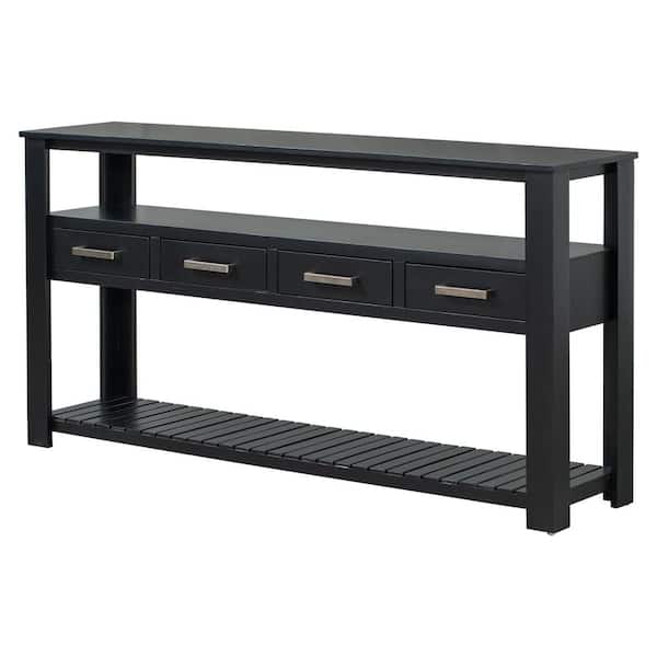 Polibi 62.2 in. Black Rectangle Wood Console Table with 4-Drawers and 2-Shelves