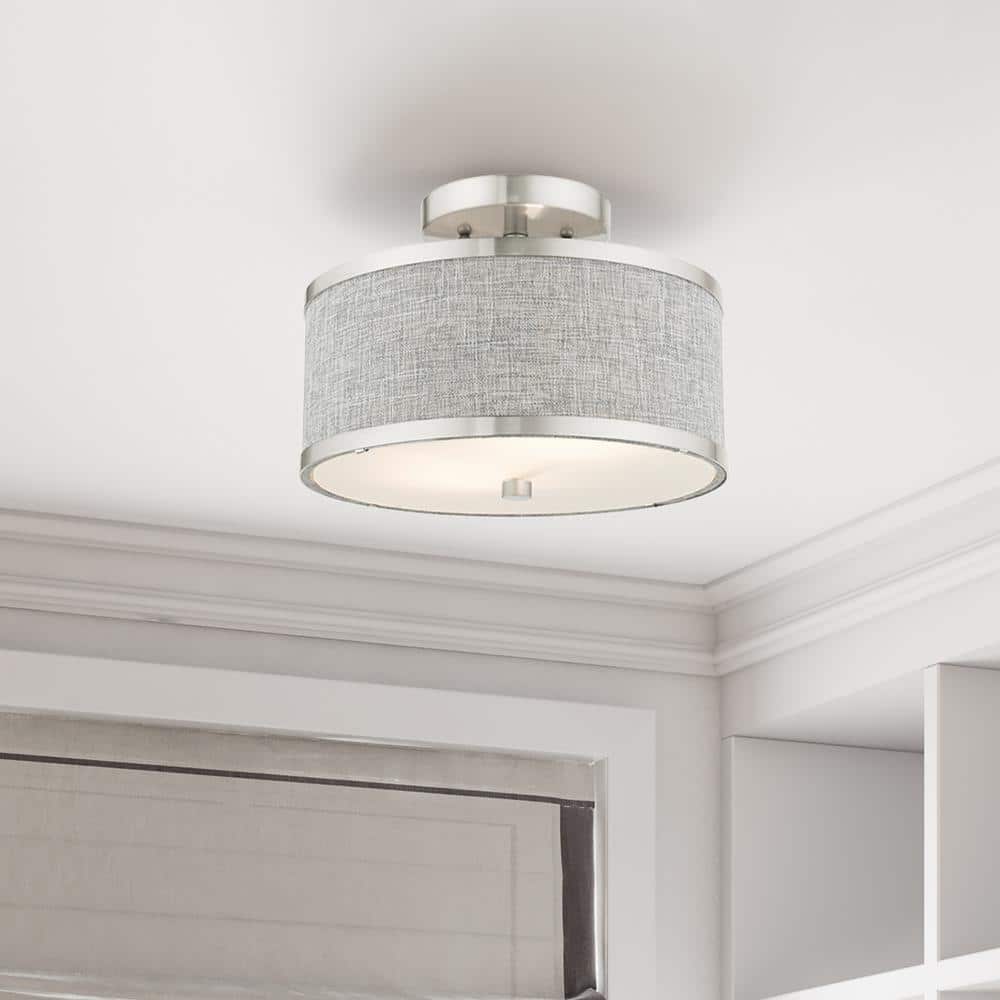 Elegant Indoor/Outdoor Brushed Nickel Drum LED Light with Grey Shade