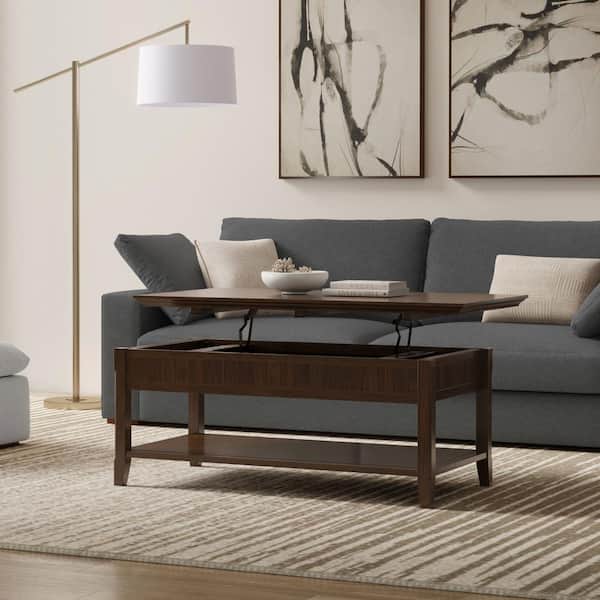 Acadian 48 inch Brunette Brown Rectangle SOLID WOOD Wide Transitional Lift Top Coffee Table