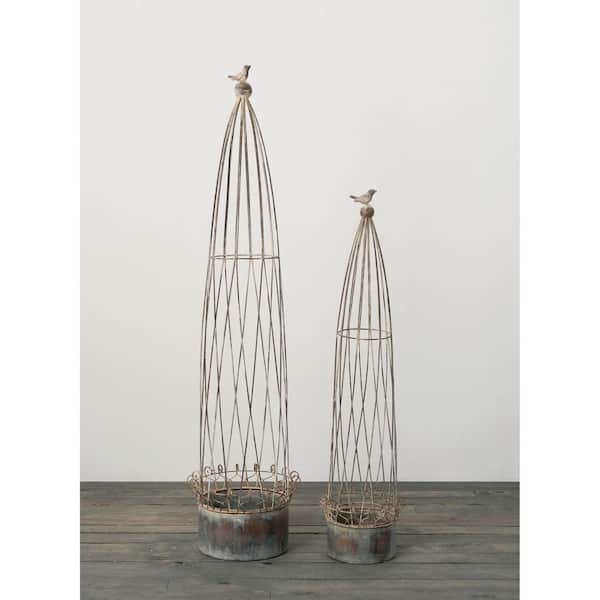 SULLIVANS 54" and 41" Metal Planter And Cage with Bird (Set of 2)