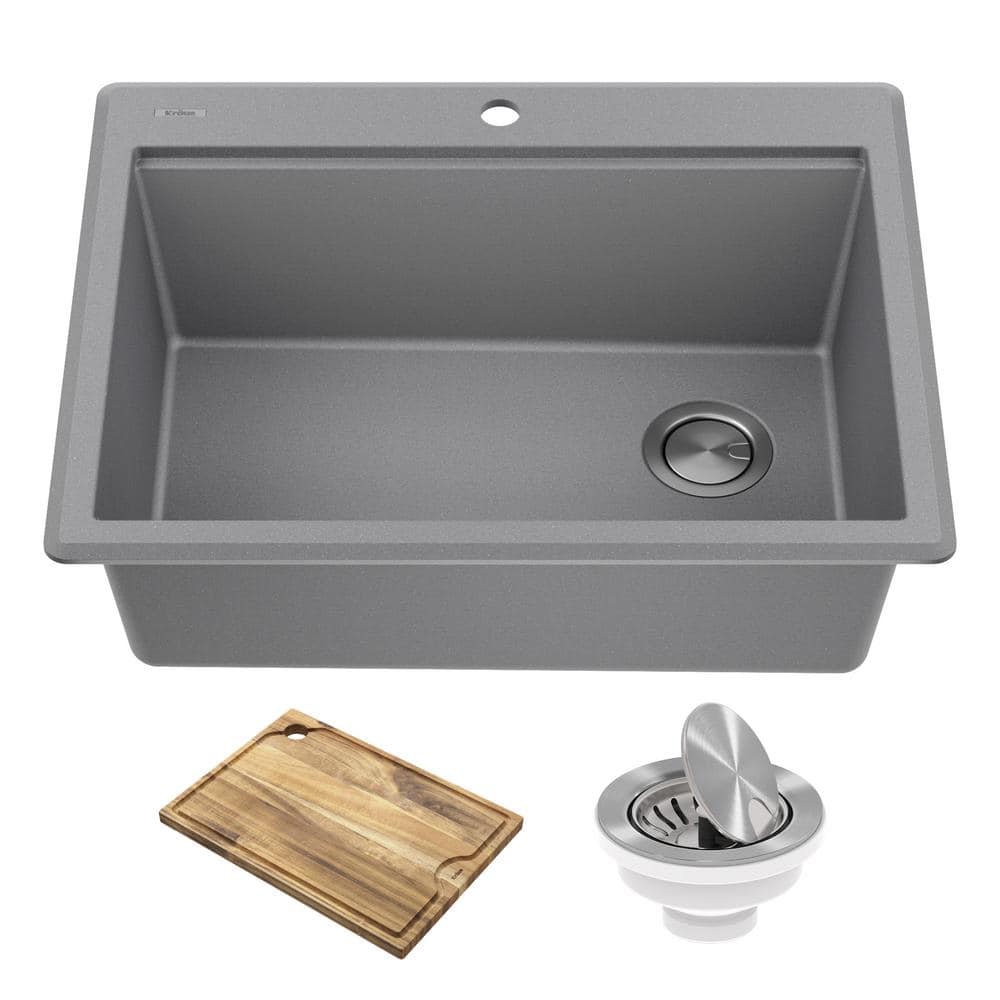 KRAUS Bellucci 28 Granite Composite Workstation Drop-In Top MountSingle Bowl Kitchen Sink in Metallic Greywith Accessories