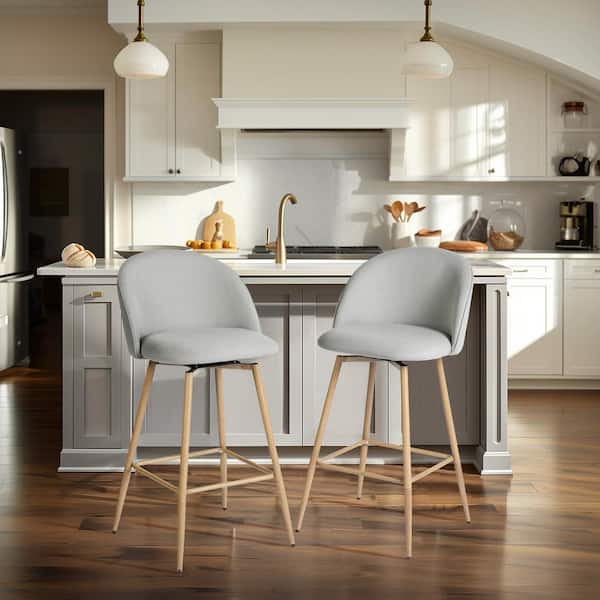 Haseeb 26 in. Modern Swivel Upholstered Counter Height Bar Stool with Curved Back Pebble Grey Fabric/Oak Legs (Set of 2)