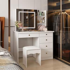 5-Drawers White Wood LED Push-Pull Mirror Makeup Vanity Desk Dressing Table Sets with Stool and Light Strip with Crystal