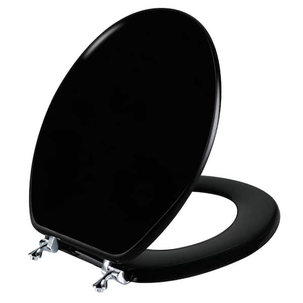 Round Scratch Resistant Wood Front Toilet Seat in Black Easy to Install High Gloss Finish Durable Moisture Proof