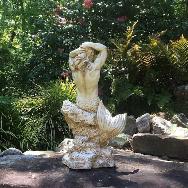 HOMESTYLES 21 in. H Antique White Sexy Merman Mermaid Sitting on