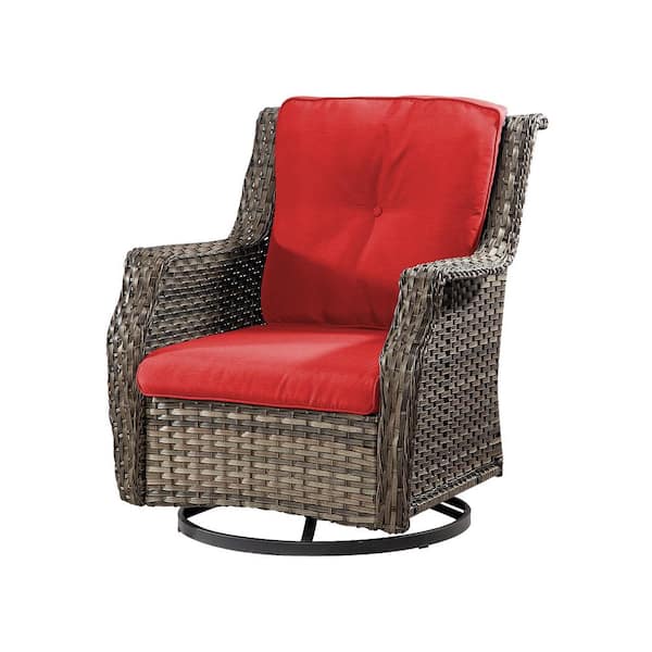 Outdoor Patio Wicker Lounge Chair Swivel Rocking Chair with Red Cushions