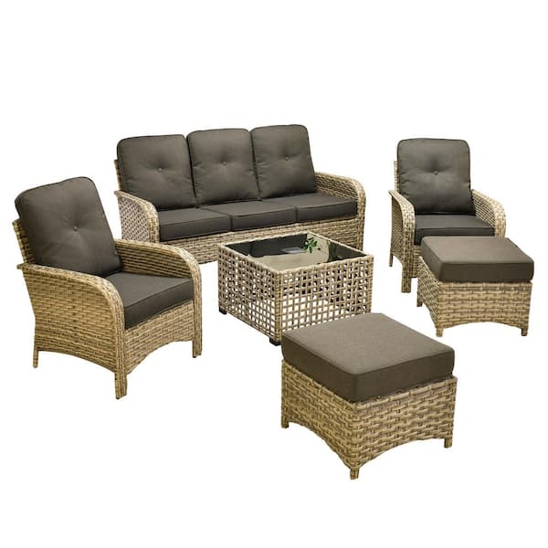 Beverly Gray 6-Piece Wicker Outdoor Patio Conversation Sofa Seating Set with Ottomans and Black Cushions