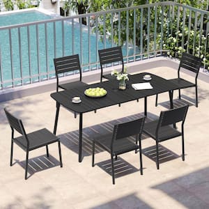 7-Piece Aluminum Patio Outdoor Dining Set Slat Rectangle Table with Umbrella Hole and Stacking Dining Chairs, Black