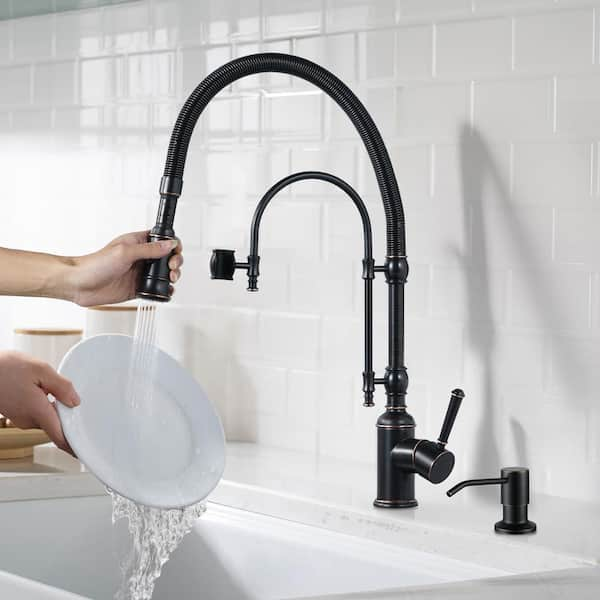 Solid Brass Single Handle Pull Down Sprayer Kitchen Faucet with Soap Dispenser in Oil Rubbed Bronze