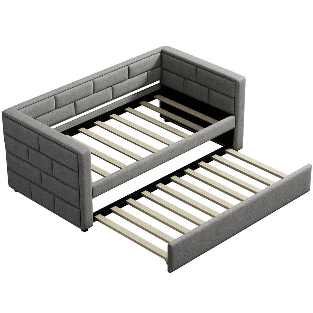 Gray Upholstered Twin Daybed with Pine Wood Frame and Trundle