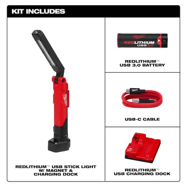 Milwaukee 550 Lumens LED REDLITHIUM Stick with Magnet and Charging Dock - The Home Depot