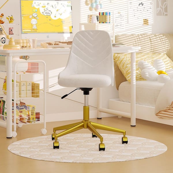 Height-Adjustable Velvet Office Chair with 360° Swivel, Gold Base, Rolling Desk Chair White for Living Room or Makeup