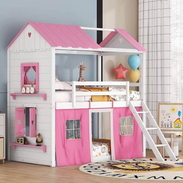 Twin Size Bunk Wood House Bed with Elegant Windows, Sills and Tent, Pink Plus White
