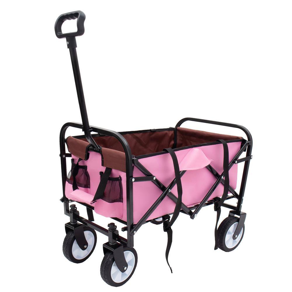 9.74 cu. ft. Pink Fabric Wagon Cart, Folding Outdoor Garden Cart w/ All-Terrain Wheels for Camping Shopping Fishing