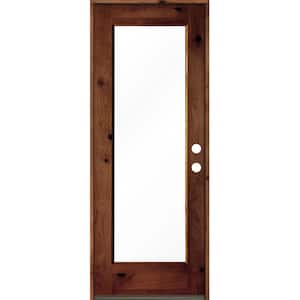 30 in. x 80 in. Rustic Knotty Alder Wood Clear Full-Lite Red Chestnut Stain Left Hand Inswing Single Prehung Front Door